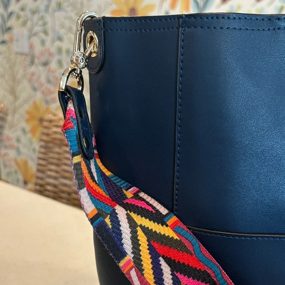 Bostanten Lotty Leather Hobo Bag in Navy Blue with Colorful Strap - Picture 3 of 14